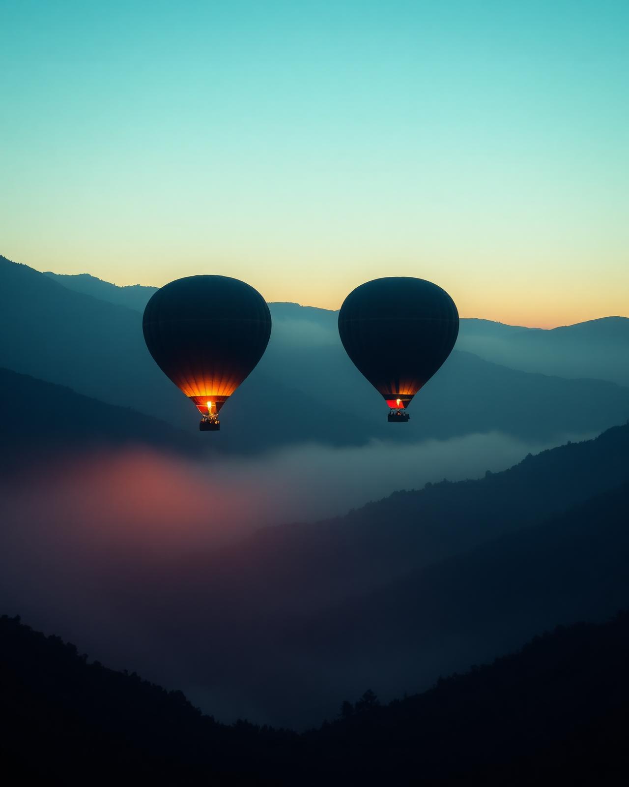 Two hot air balloons floating above a misty mountain valley at dawn