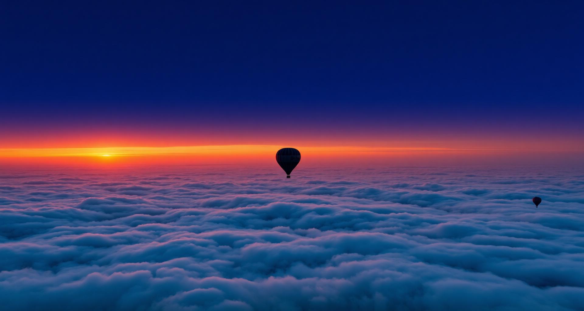 Hot air balloon above a sea of clouds at sunrise